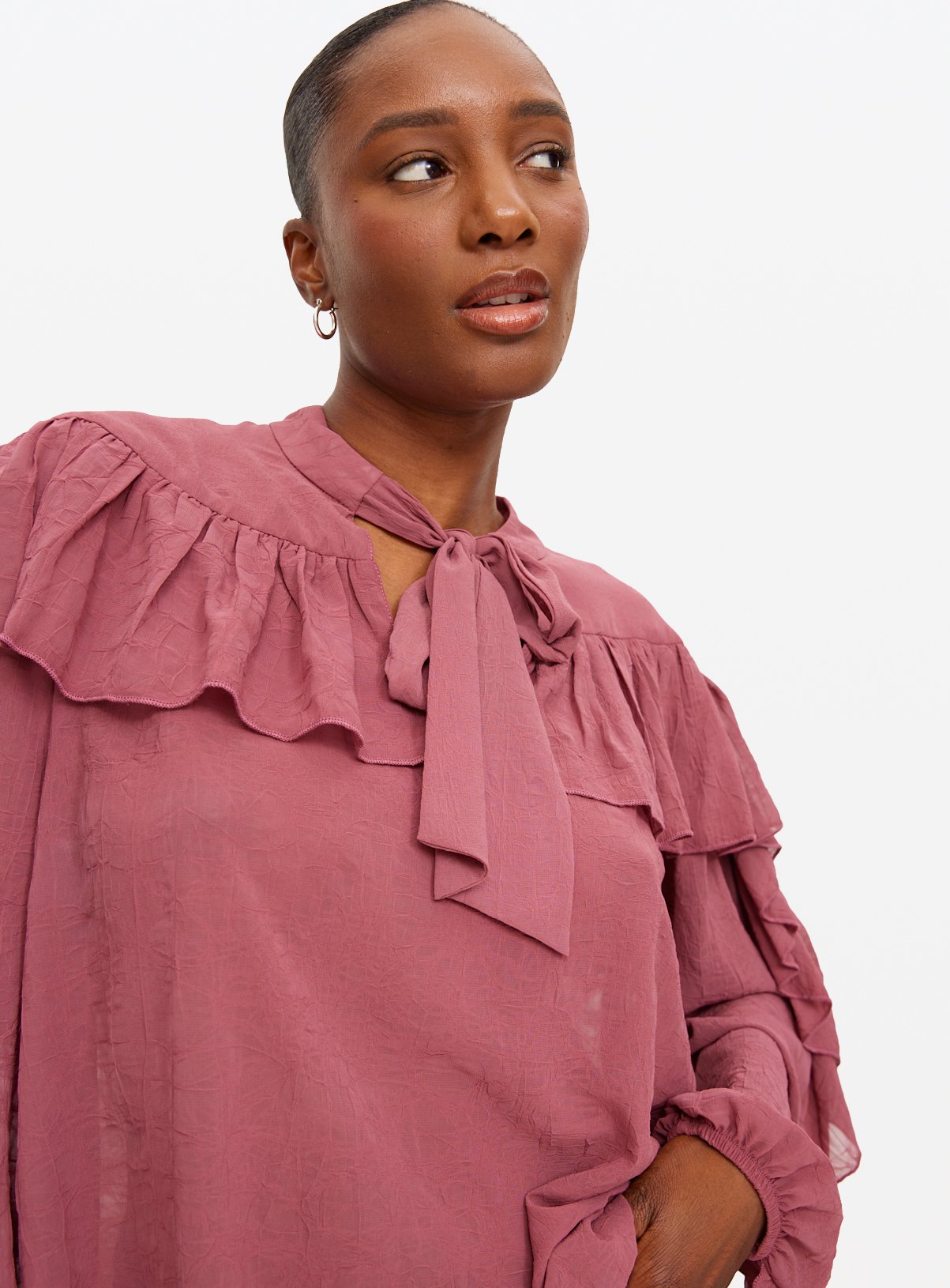 Dark Pink Tie Neck Frill Blouse 20 - Image 1 thumbnail